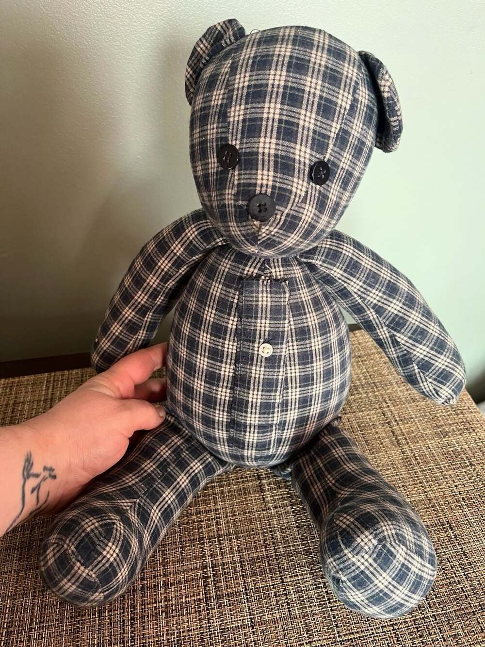 17" Blue Plaid Memory Keepsake Bear Handmade from Button-Down Shirt - Picture 2 of 4